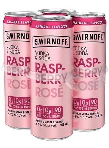 smirnoff vodka soda raspberry rose 355 ml - 4 cans airdrie liquor delivery